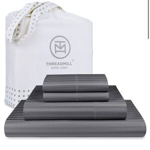 Threadmill 600 Thread CntTwin Sheets Set w/15” Deep Pocket Stripe 3-Pc Grey NWT